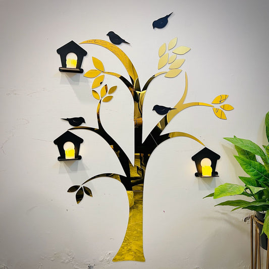 Acrylic Birds Tree with Wooden Shelves Wall Decor Large Size