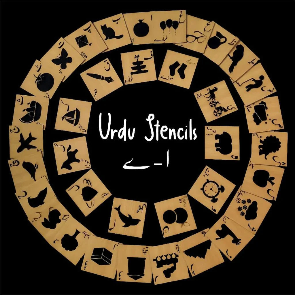 Wooden  Alphabet Stencils Set Urdu/ English with Pencil & water color